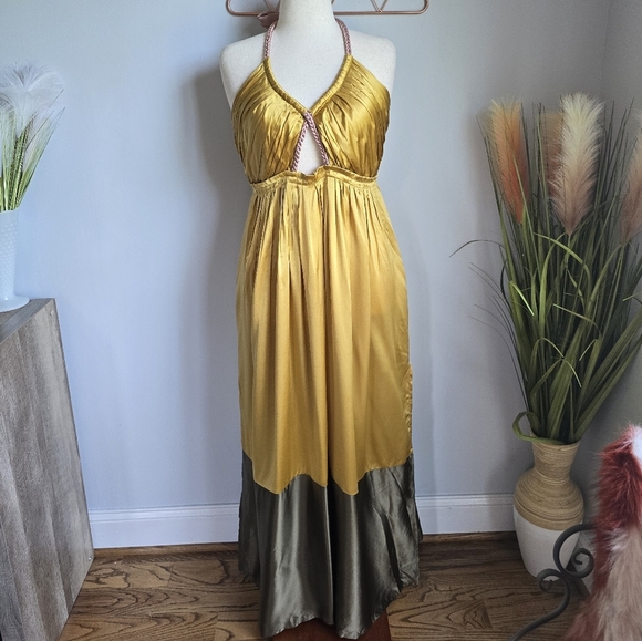 Anthropologie, New, Yellow Silk Colorblocked Silk Midi Halter Sun Dress, Size 14 - Picture 5 of 16